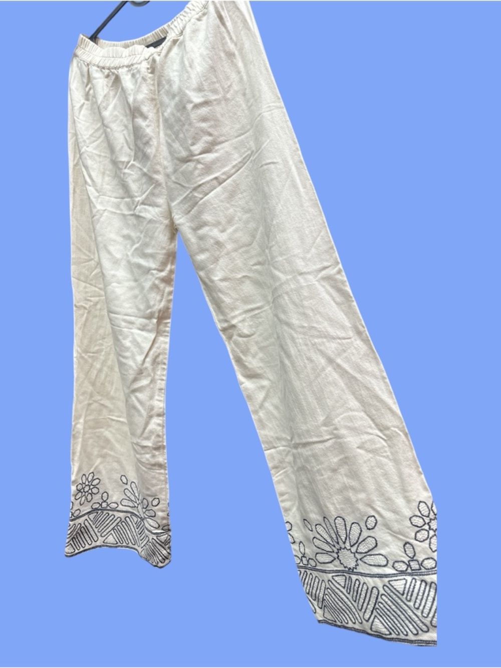 Cream Embroidered Wide Leg cotton/Linen Pants